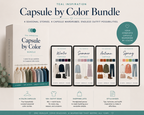 Capsule by Color seasonal wardrobe bundle featuring Winter, Summer, Autumn, and Spring capsule wardrobe guides with outfit formulas, shopping lists, and color palettes by Teal Inspiration.