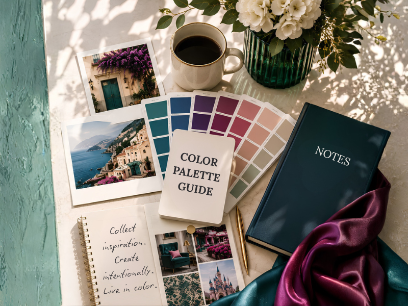 Color palette cards, travel photographs, notebooks and fabric arranged as colorful everyday inspiration